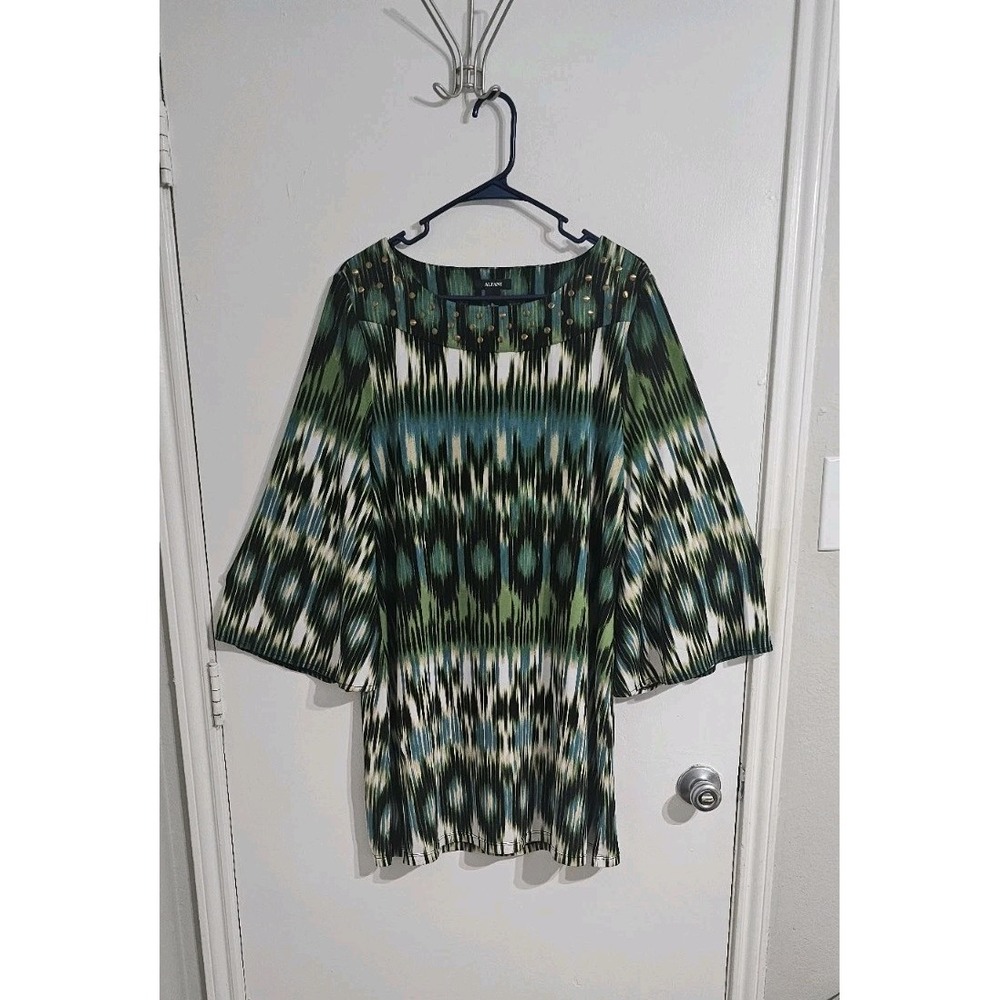 Alfani Women's Geometric Shift Dress XL Green Boho Bell‎ Sleeves Resort Stretch